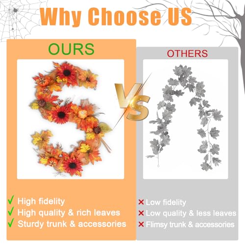 Fall Garland for Mantle - 6FT Autumn Leaves Pumpkin & Berries Garland with Ribbon - HM5594