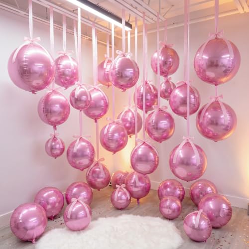 Pink Metallic Foil Balloons Set - 3 Sizes with Ribbons, Reusable Celebration Decor