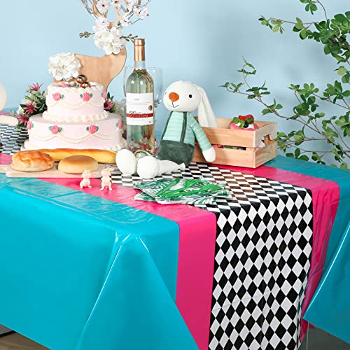 Pink Teal Checkered Wonderland Tablecloth Set - 3 Pieces, 54x108 Inches