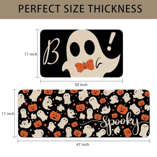 Halloween Ghost Kitchen Rugs Set of 2 - Spooky Floor Mat & Runner, Ghost Boo Variation