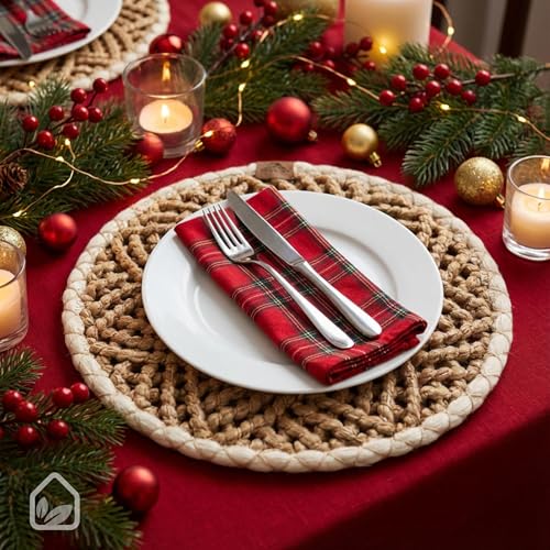 White & Natural 13-Inch Round Braided Placemats Set of 6 Handmade Table Mats
