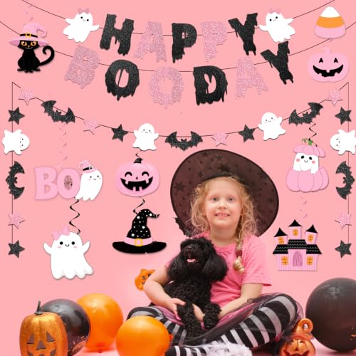 Pink Halloween Party Decorations Girl Set with Banner and Ghost Swirls