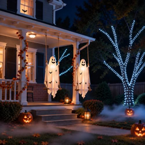White 5 FT Hanging Ghost Swing Halloween Decoration with Lights & DIY Face Stickers