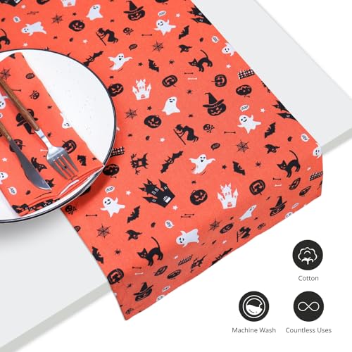Halloween Table Runner 14x90 in Orange Black Cotton Haunted House Decor