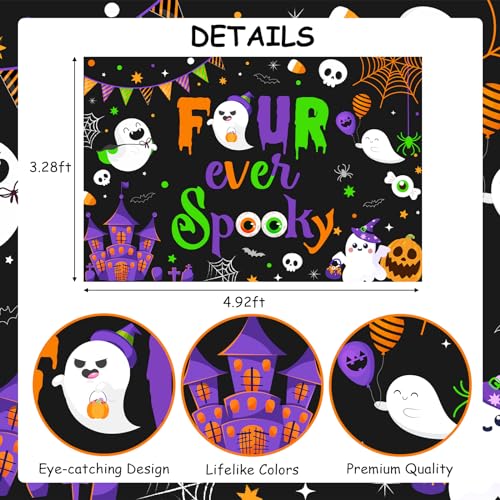 Halloween 4th Birthday Party Decoration Set - Purple Green Four Ever Spooky Backdrop Banner Cake Toppers