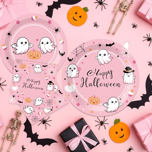 Pink Halloween Party Plates & Napkins Set for 48 Guests - Spooky Birthday Supplies