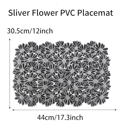 Flower Placemats Set 6 - Black PVC Embossed Table Mats with Silver Flower Variation