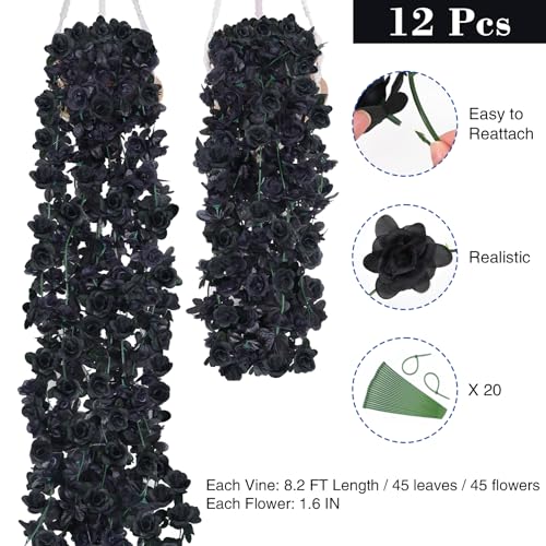 Black 12Pcs 8.2Ft Artificial Rose Vine Garland for Wedding & Home Decor