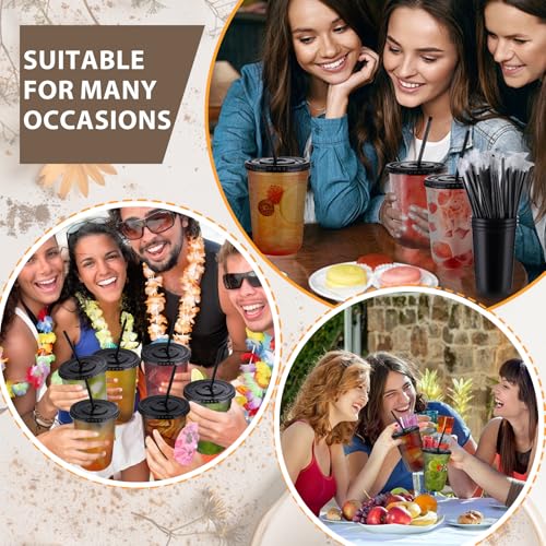 Black Plastic Disposable Cups with Lids & Straws 16oz - 100 Set