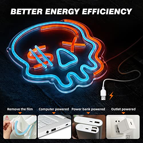 Halloween Neon Sign Skull Wall Decor for Boys Room - Dimmable LED Light