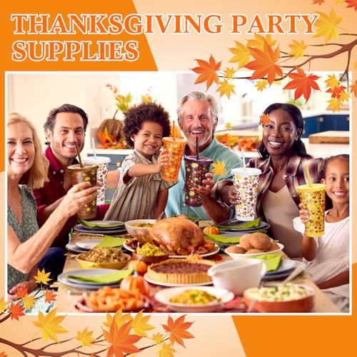 20 Pack Fall Plastic Coffee Cups with Lids & Straws - Thanksgiving & Autumn Theme