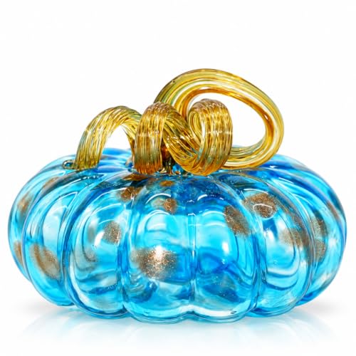Large Hand Blown Glass Pumpkin Figurine - Fall Harvest Decor - Aquamarin Variation