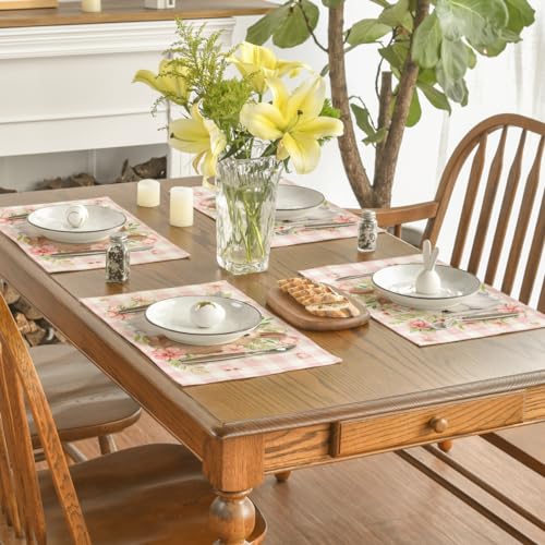 Pink Bunny Rabbit Flowers Easter Placemats Set of 4 - 12x18 Inch Spring Table Decor