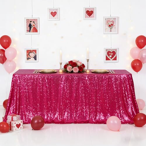 Hot Pink Sequin Tablecloth 60 x 120 Inch Fuchsia Sparkly Overlay for Wedding Party
