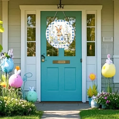Easter Wreath Funny Rabbit Porch Wreaths - Blue White Grid Design 12 Inch - Easter Style 36