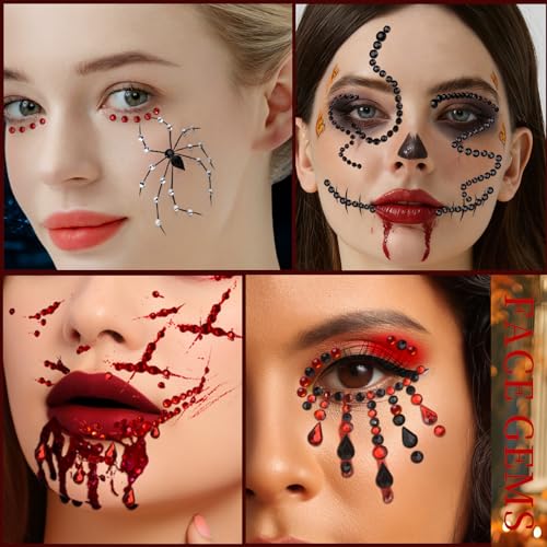 Self-Adhesive Face Gems Set for Makeup Halloween Costume - Red Black Clear