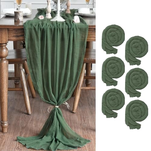 120 Inch 6-Piece Forest Green Gauze Wedding Table Runner Set - Boho Decor