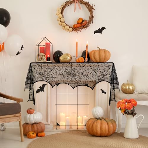 Halloween Fireplace Scarf - Black Lace Spiderweb Mantle Decoration 18x96 Inch Spider Web Design