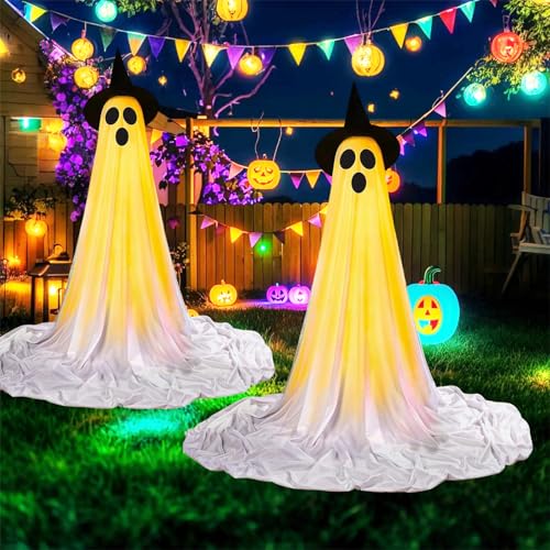Light Up Ghost Decorations for Halloween Outdoor Indoor - 2 Pack with Witch Hats