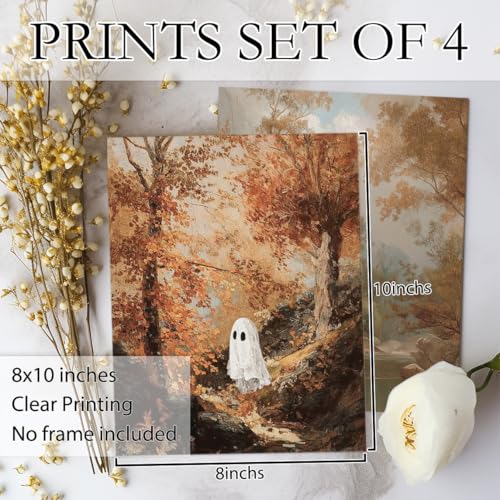 Ghost Wall Art Prints Set of 4 - Vintage Floral Halloween Fall Farmhouse Unframed 8x10in White & Black
