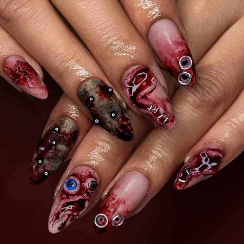 Halloween Press On Nails Short Almond Blood Eye Blood Stain Horror Design Gothic 30pcs - Spooky Manicure