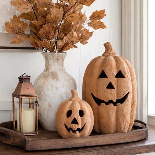 Large Handmade Terracotta Pumpkin Jack O'Lantern Outdoor Indoor - Fall Decor