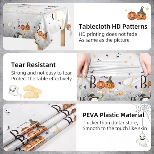 Halloween Baby Shower Tablecloth Set - 3 Pc Neutral Ghost Pumpkin Design - Little Boo
