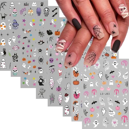Halloween Nail Decals Set - 10 Sheets 3D Ghost Pumpkin Bat Skull Stickers - Style F