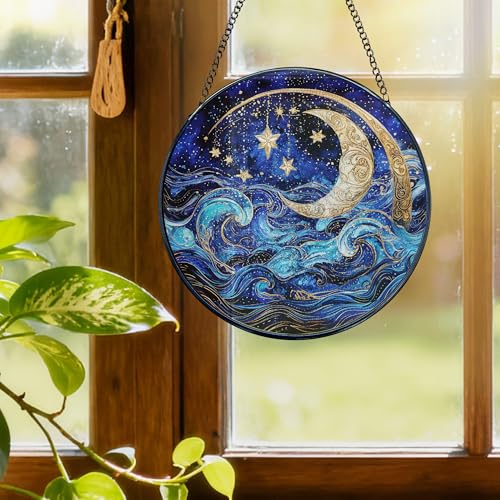 Moon and Star Stained Glass Window Hanging - Blue Celestial Sun Catcher, 7.9in