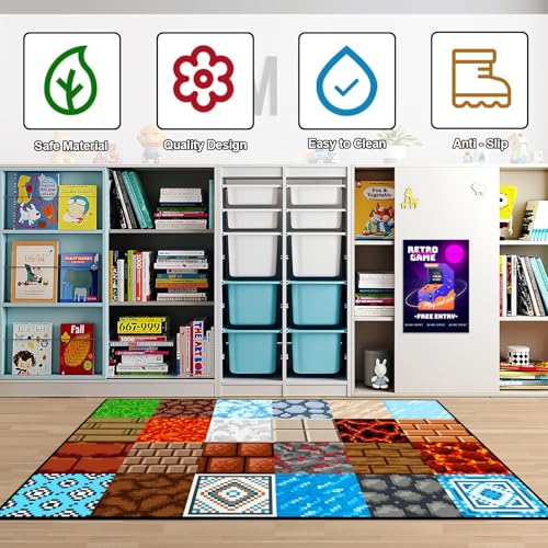Pixel Game Element Rug for Boys' Bedroom - 4'7 x 5'10 Anti-Slip Carpet