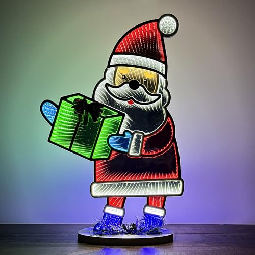 Santa Infinity Mirror Light with Stand - LED Christmas Holiday Decor - USB-Powered 16x24 Inches - Indoor Seasonal Decoration - Santa Variation