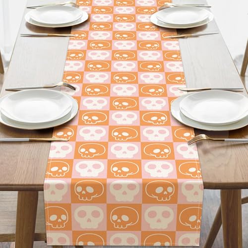 Skeleton Halloween Table Runner 13x72in Pink Orange Skull Checkerboard Decor - Variation of THIS listing