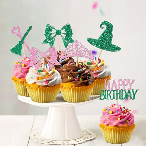 Witch Birthday Cupcake Toppers Set - Pink and Green Witch Themed Decorations, 48 Pieces