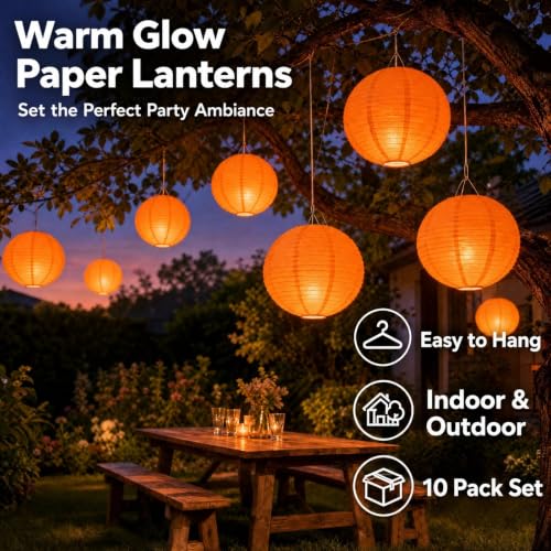 Orange Chinese Paper Lanterns with LED Lights - 12 Inch, 10 Pack - Indoor/Outdoor Decor