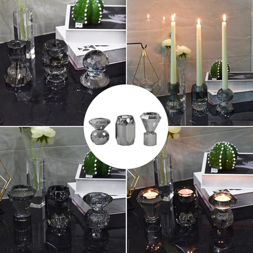 Smoky Grey Crystal Candle Holder Set of 3 - Elegant Glass Stand for Pillar Taper Tealight Candles, Wedding & Holiday Decor