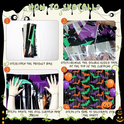 Bat Foil Fringe Curtains - Purple, Green, Orange Halloween Door Streamers for Photo Backdrop
