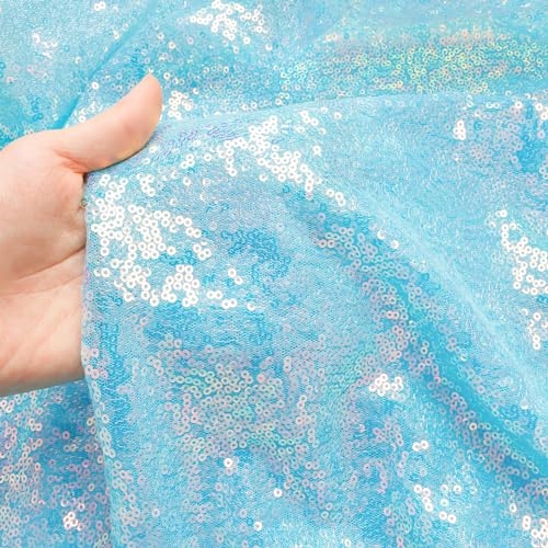 Iridescent Aqua Sequin Round Tablecloth 90 Inch Sparkle Glitter Cover for Weddings & Parties