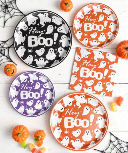 Halloween Heavy-Duty Paper Plates and Napkins Set - Black Orange Purple, Round, 9 Inch & 7 Inch, Spooky Gothic Party Supplies with Variation