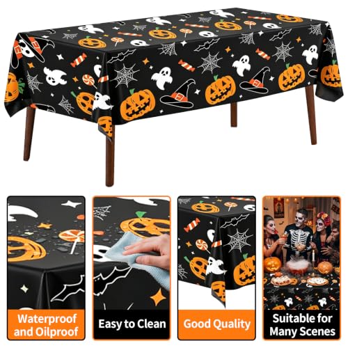 Halloween Pumpkin Ghost Plastic Table Cover Roll - 3600 x 54 Inches, Disposable with Slide Cutter