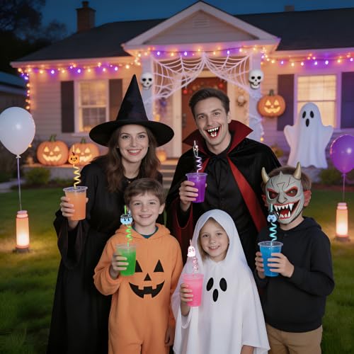 Reusable Halloween Party Straws with Spooky Charms - 24 Pack