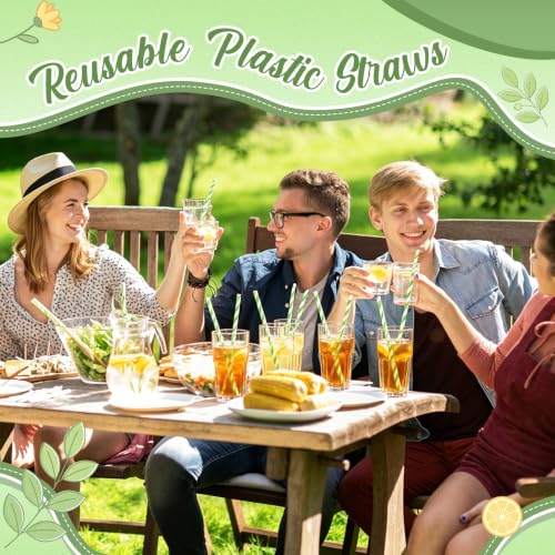 Reusable Plastic Straws Bulk - Green & White Stripe, 50 Pack