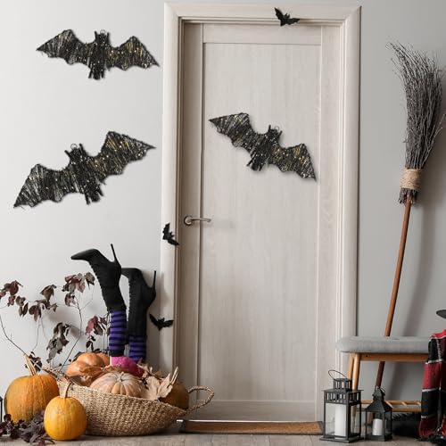 Halloween Rattan Bat Decorations with LED Lights & Timer Remote Set - Indoor Outdoor Spooky Decor