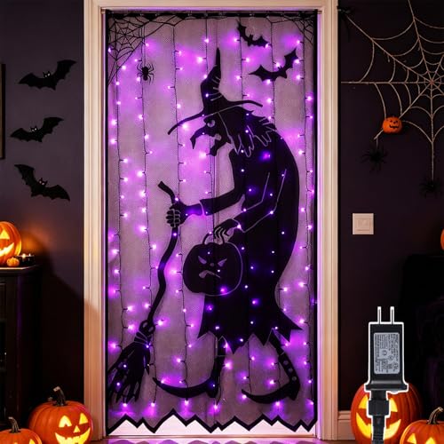 Lighted Halloween Curtain with Purple LEDs & Black Lace Witch Pattern - 40x84 Inch Decor
