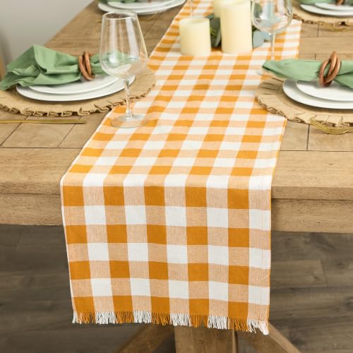 Check Table Runner - Fringed Cotton, 14x72 Inches - Pumpkin Spice - Farmhouse & Rustic Decor