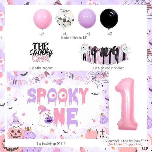 Halloween 1st Birthday Decorations Girl Spooky Party Supplies Pink Purple Black Balloons Cake Topper