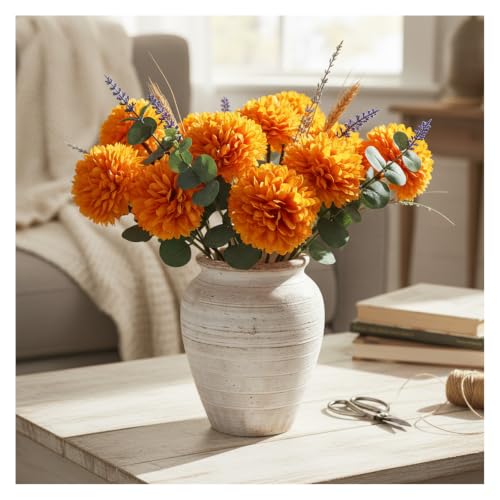 Artificial Mums 12-Inch Silk Flowers with Bendable Wire Stems - Orange, 12 Pack