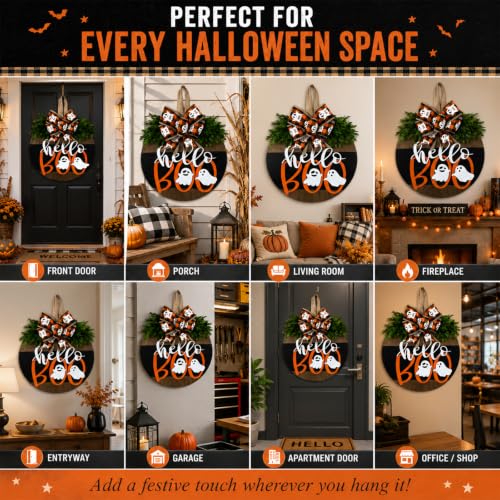 Halloween Wreaths for Front Door Cute Ghost Sign Decoration - Hello Boo Variation