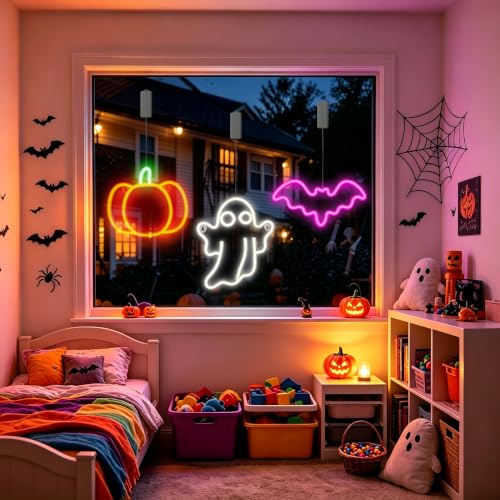 Rechargeable Halloween Window Lights Set - Purple, White & Orange with Timer 11.8x5.9in
