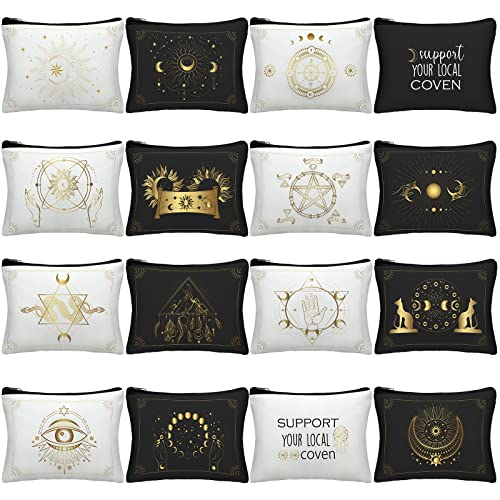 16-Pack Tarot Card & Cosmetic Pouch Set - Gothic Moon Design Canvas Bags