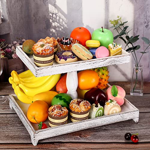 White Farmhouse 2-Tier Wooden Tray Stand - Rustic Kitchen Decor